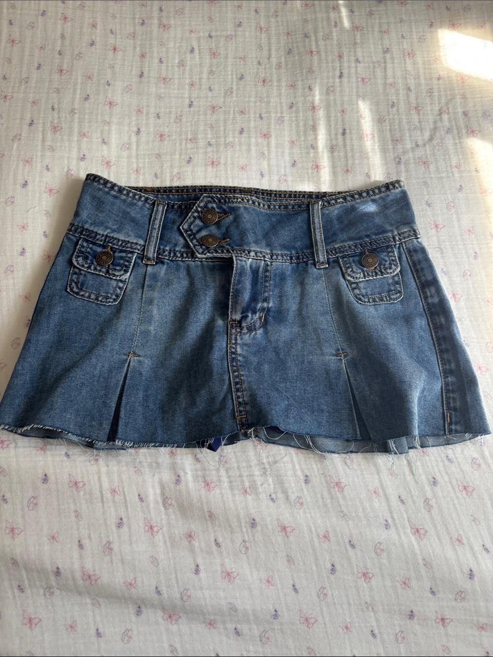 Edikted Blue Denim Mini Skirt with Button Waist